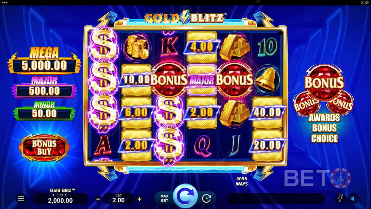 V automate Gold Blitz môžete v základnej hre vyhrať peňažné ceny