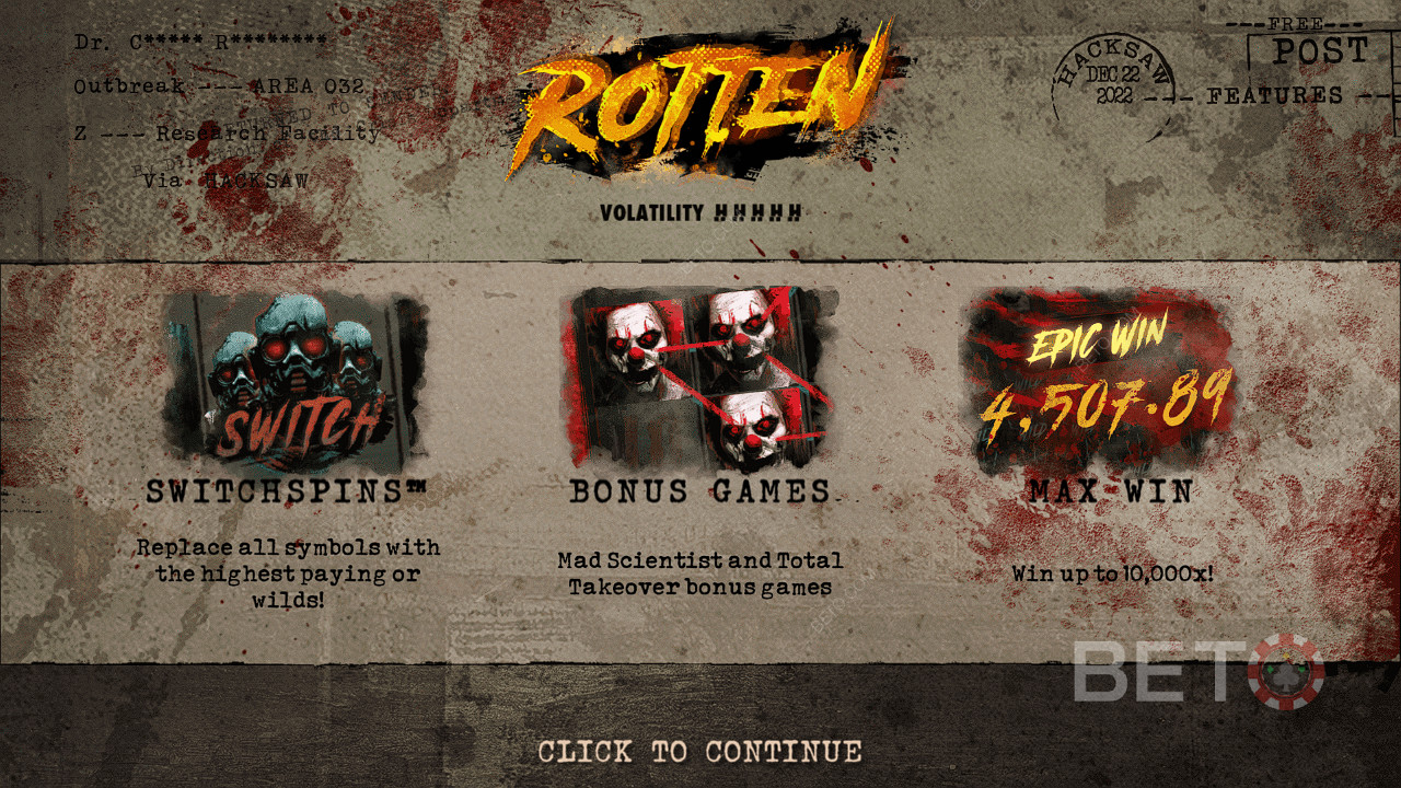 Užite si SwitchSpins, Free Spins a ďalšie v automate Rotten od Hacksaw Gaming