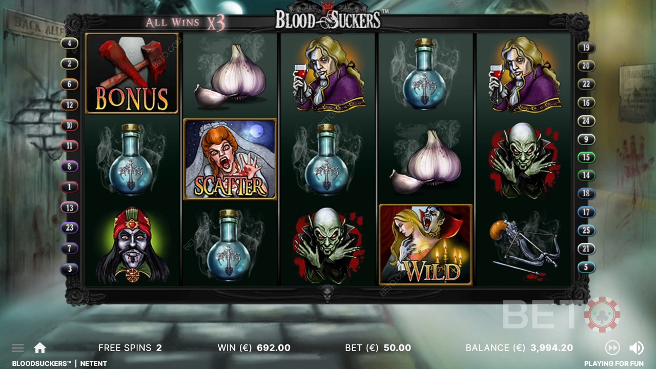 Všetky výhry sa v hre Blood Suckers s roztočením zdarma strojnásobia