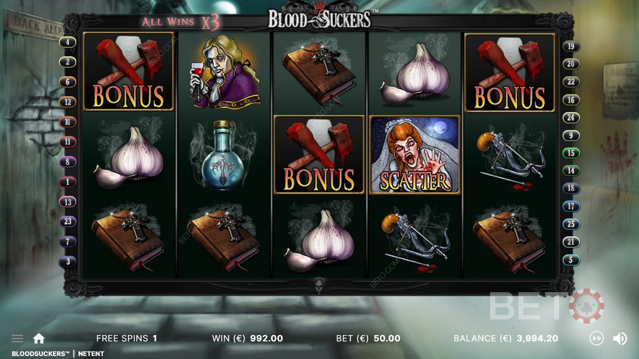 3 bonusové symboly na správnych pozíciách spustia bonusovú hru v automate Blood Suckers