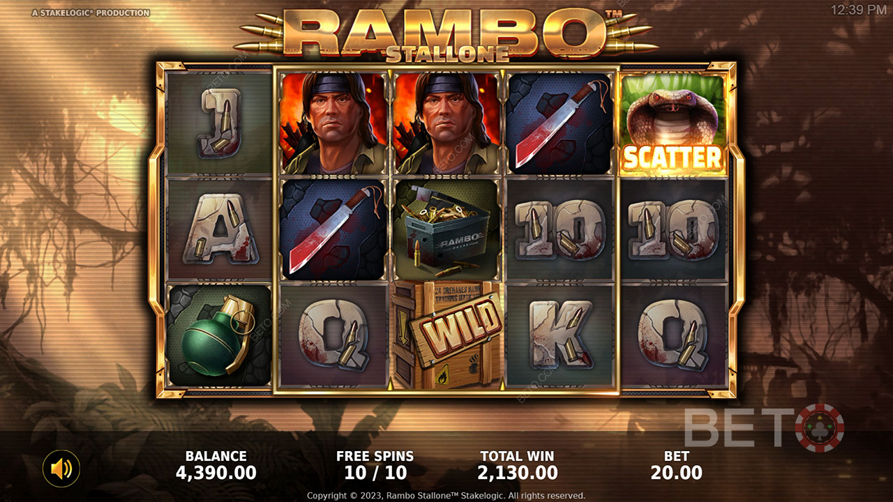 Užite si úžasné bonusové funkcie a výnimočnú tému v online automate Rambo