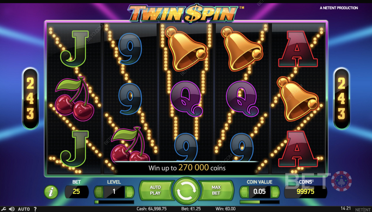 Twin Spin - jednoduchá hra so symbolmi, ako sú zvončeky, čerešne a iné symboly