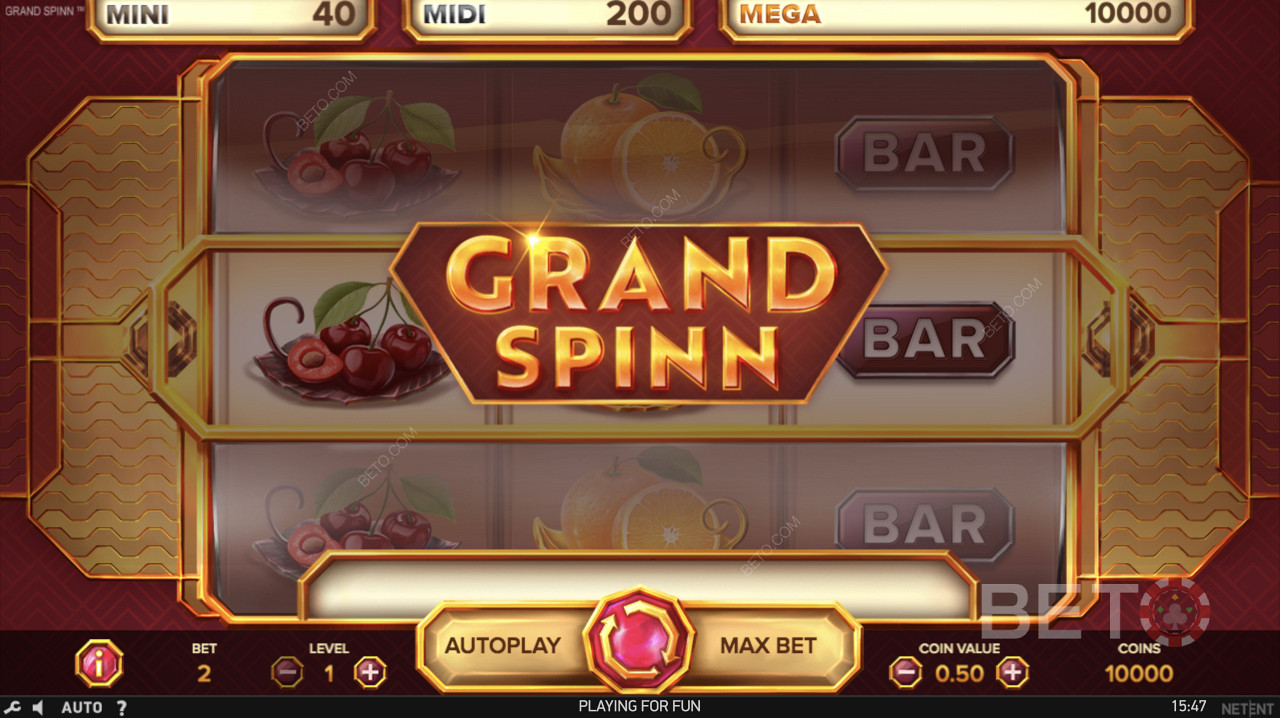 Klasická domovská obrazovka aplikácie Grand Spinn Superpot