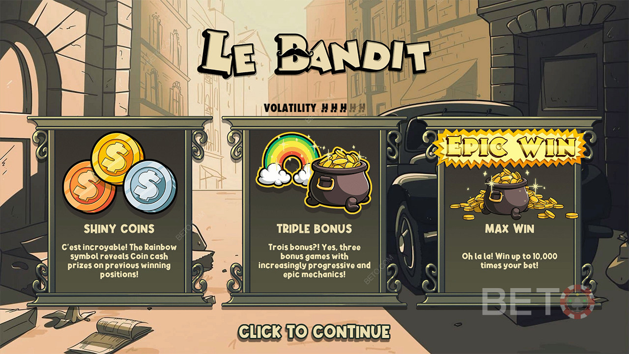 Tri bonusy a peňažné výhry vám pomôžu vyhrať 10 000-násobok vašej stávky v automate Le Bandit