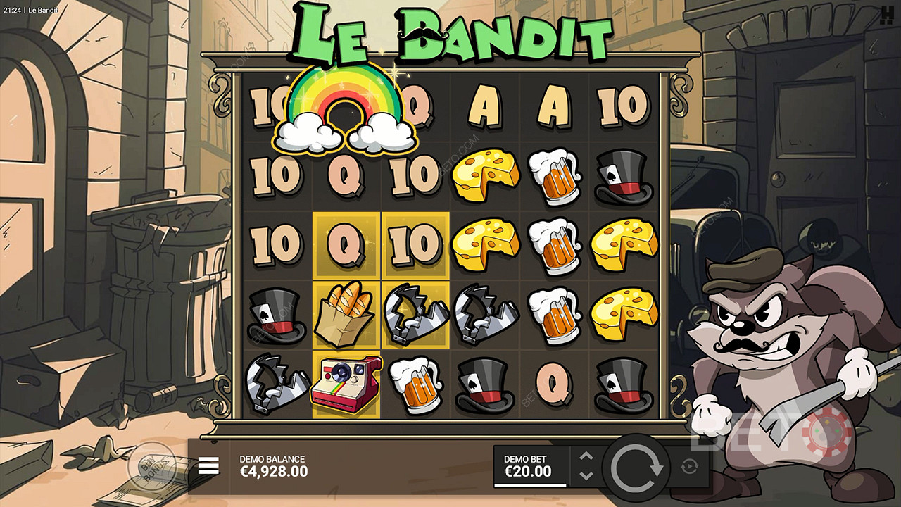 Symbol dúhy aktivuje všetky zlaté štvorce v automate Le Bandit