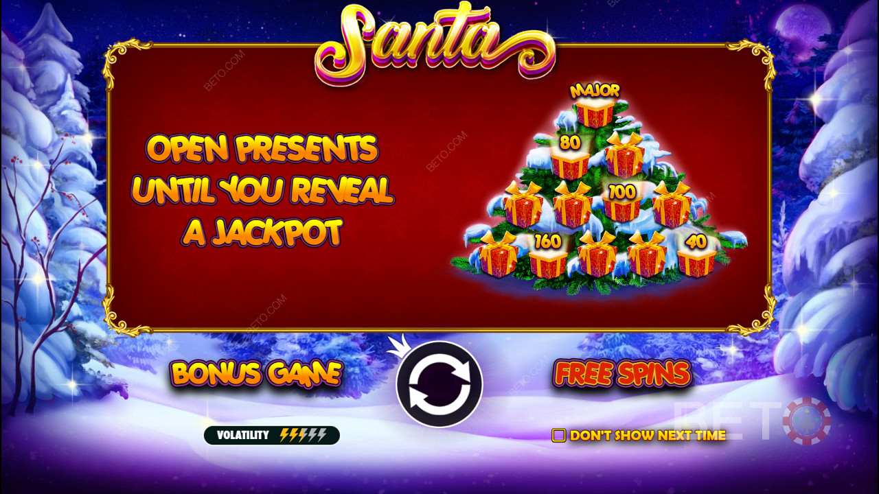 Bonusová hra obsahuje peňažné výhry a jackpoty v automate Santa online