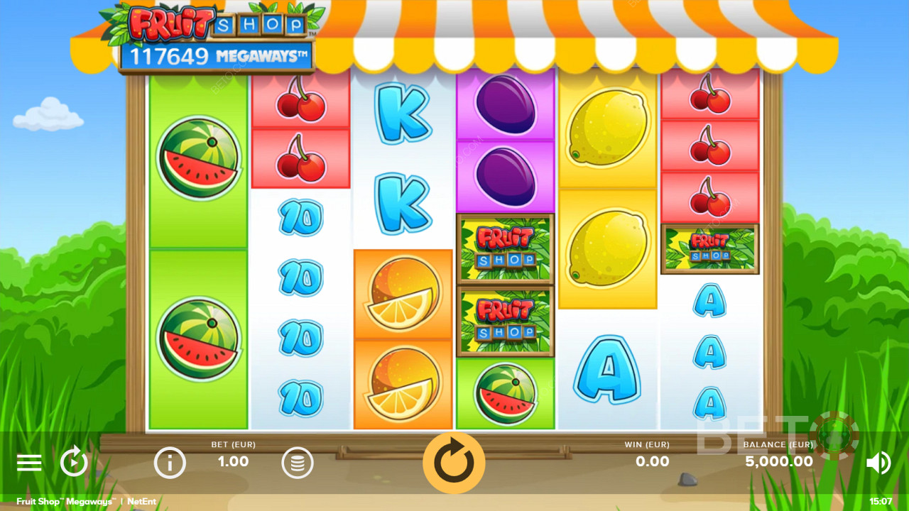 Roztočte a vyhrajte veľké výhry na kolesách výherného automatu Fruit Shop Megaways