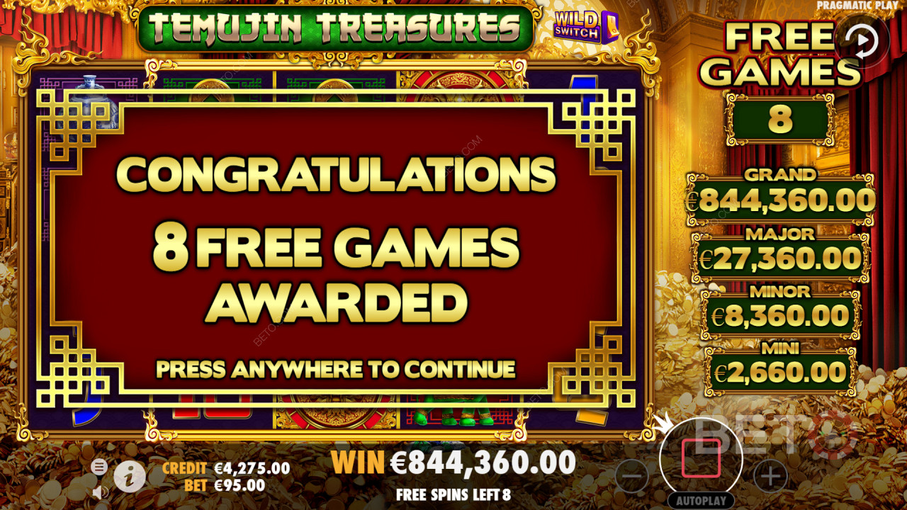 V hre Temujin Treasures môžete vyhrať bonusové funkcie, ako je napríklad Lucky Wheel.