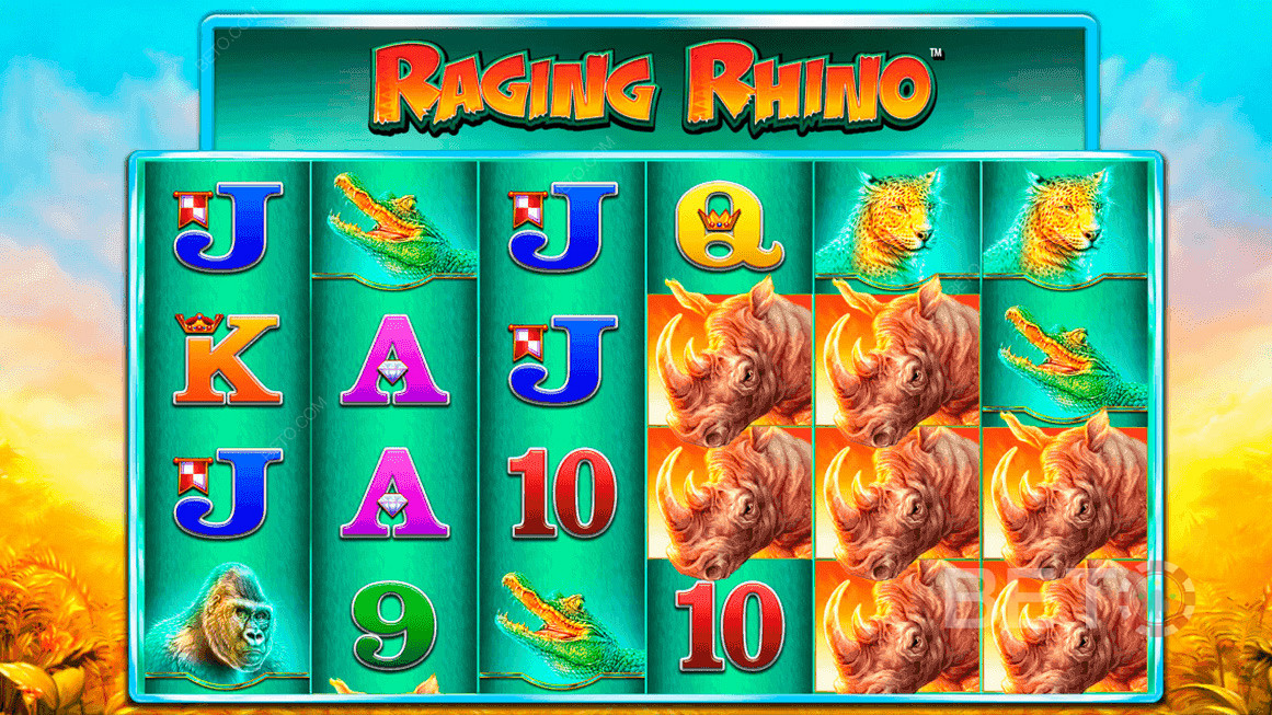 Farebné symboly založené na divokej prírode v hre Raging Rhino