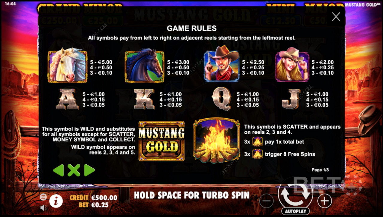 Pravidlá hry Mustang Gold Online Slot
