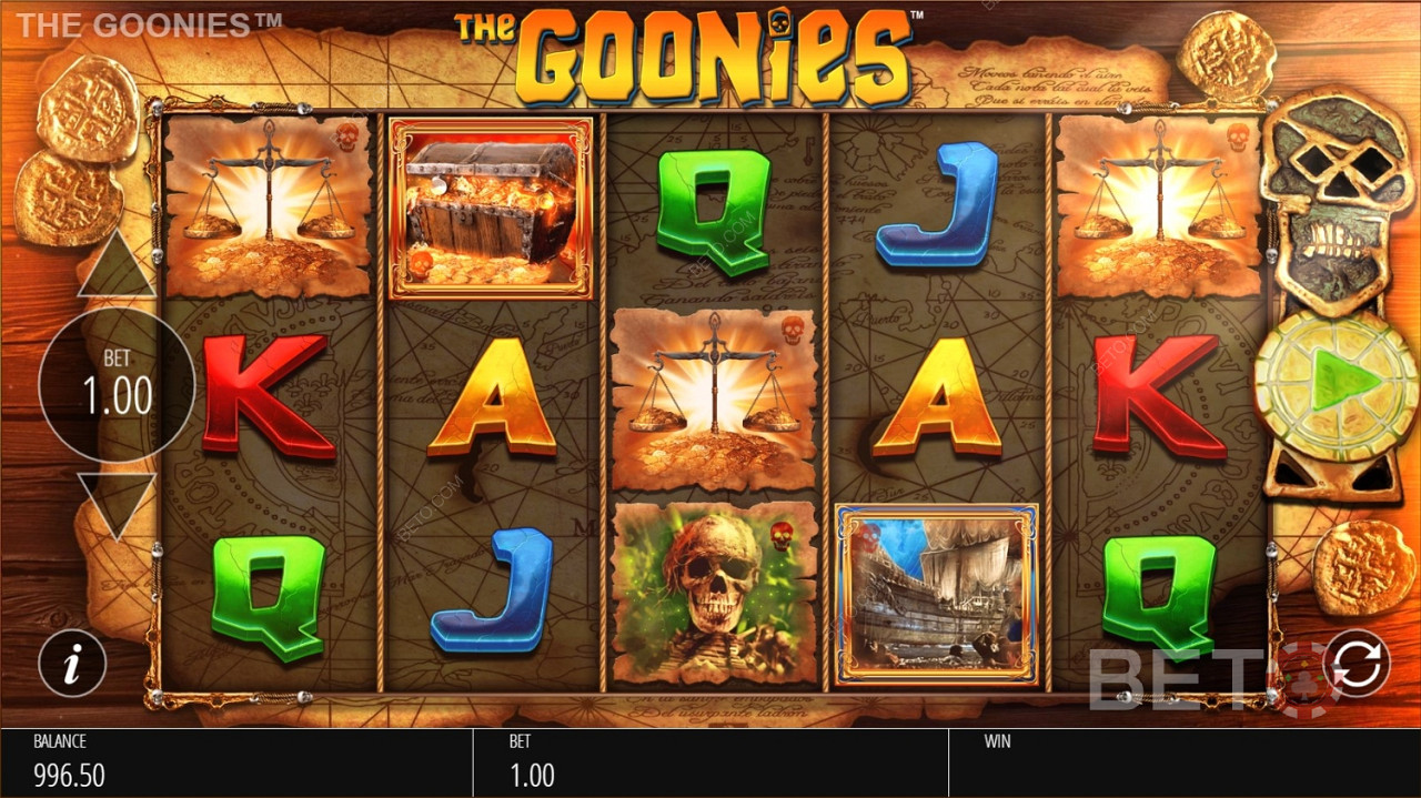 Rôzne vysoko a nízko platiace symboly v hre The Goonies Jackpot King