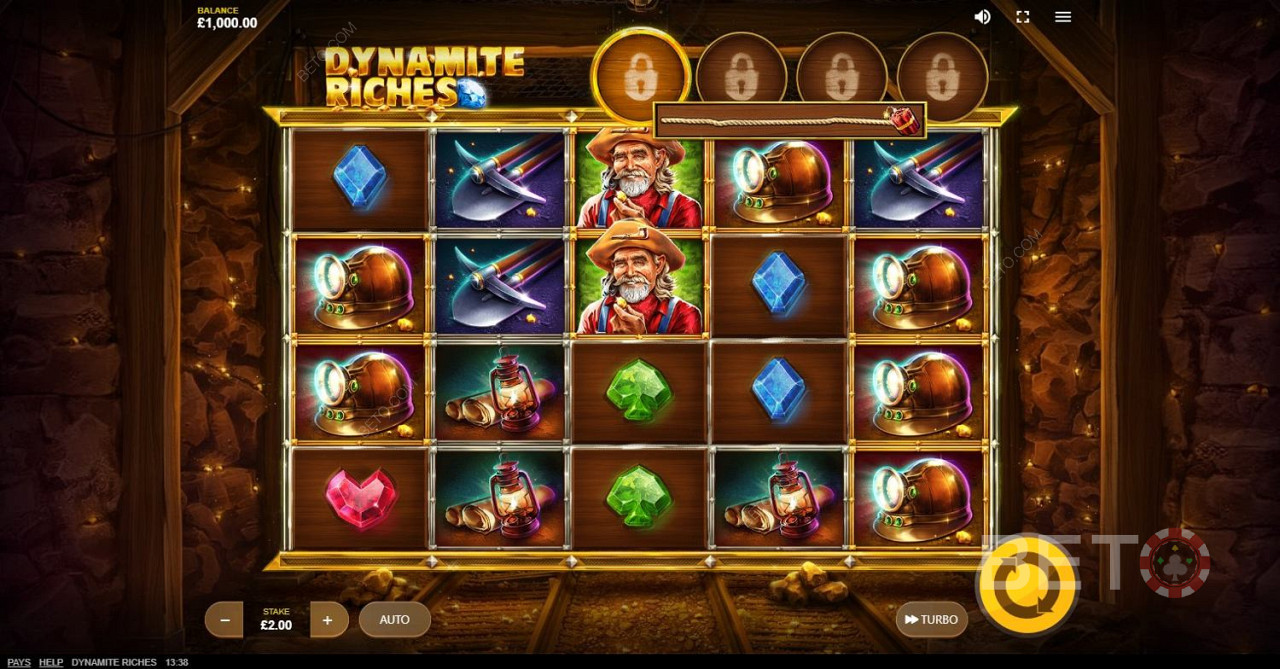 Ak na valcoch hry Dynamite Riches nájdete 5 symbolov, môžete získať 15-násobok svojej stávky.