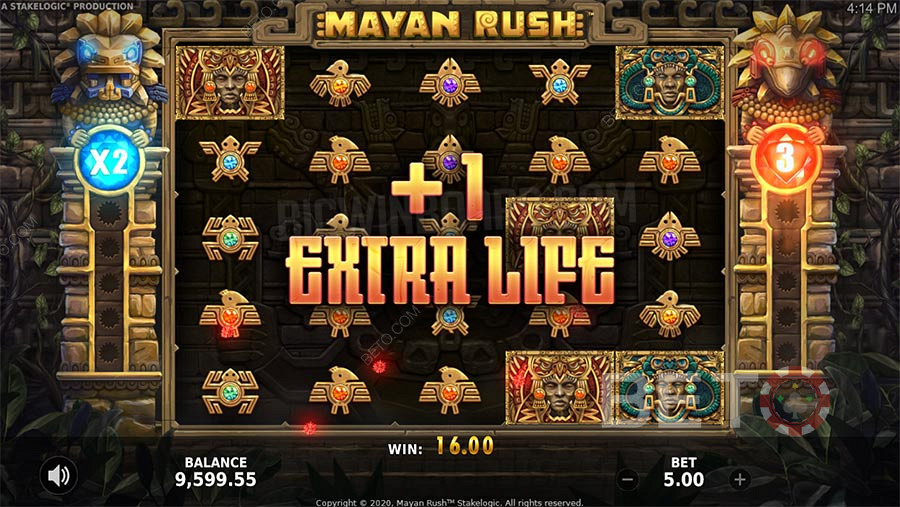 Medzi bonusové funkcie Mayan Rush patria roztočenia zdarma, násobiteľ a hazardná hra.