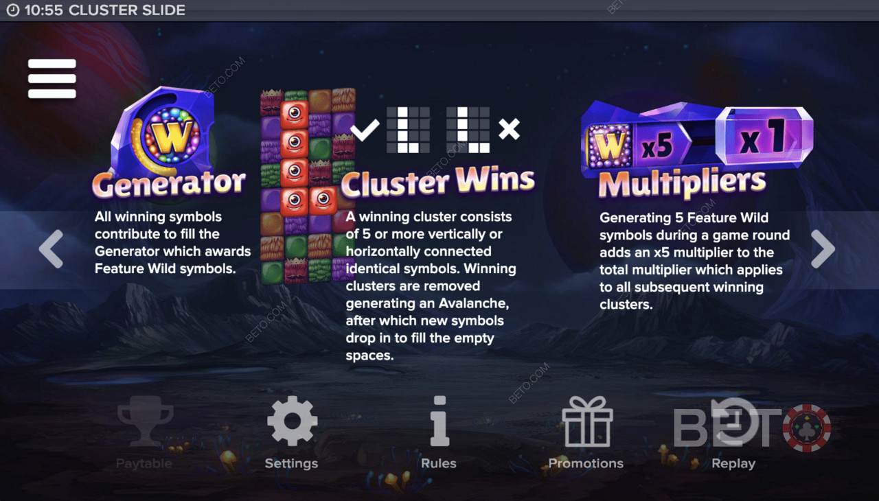 Generátor, Cluster Wins a multiplikátor v snímke Cluster Slide