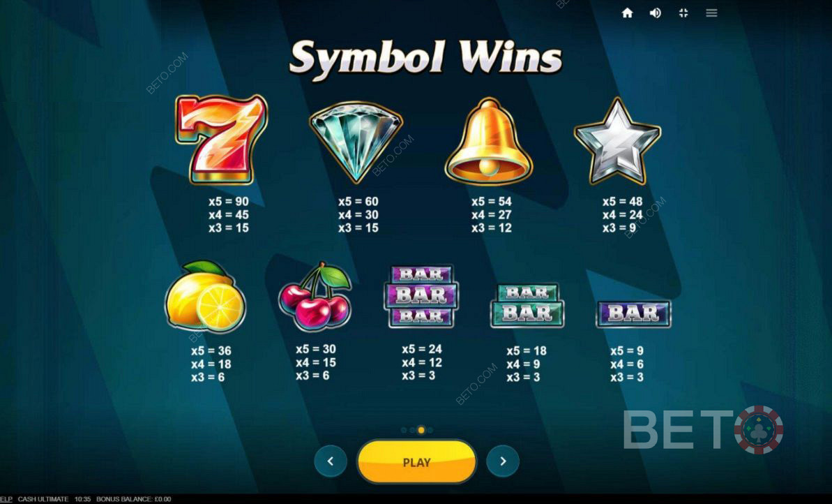 Rôzne kombinácie symbolov v hre Cash Ultimate