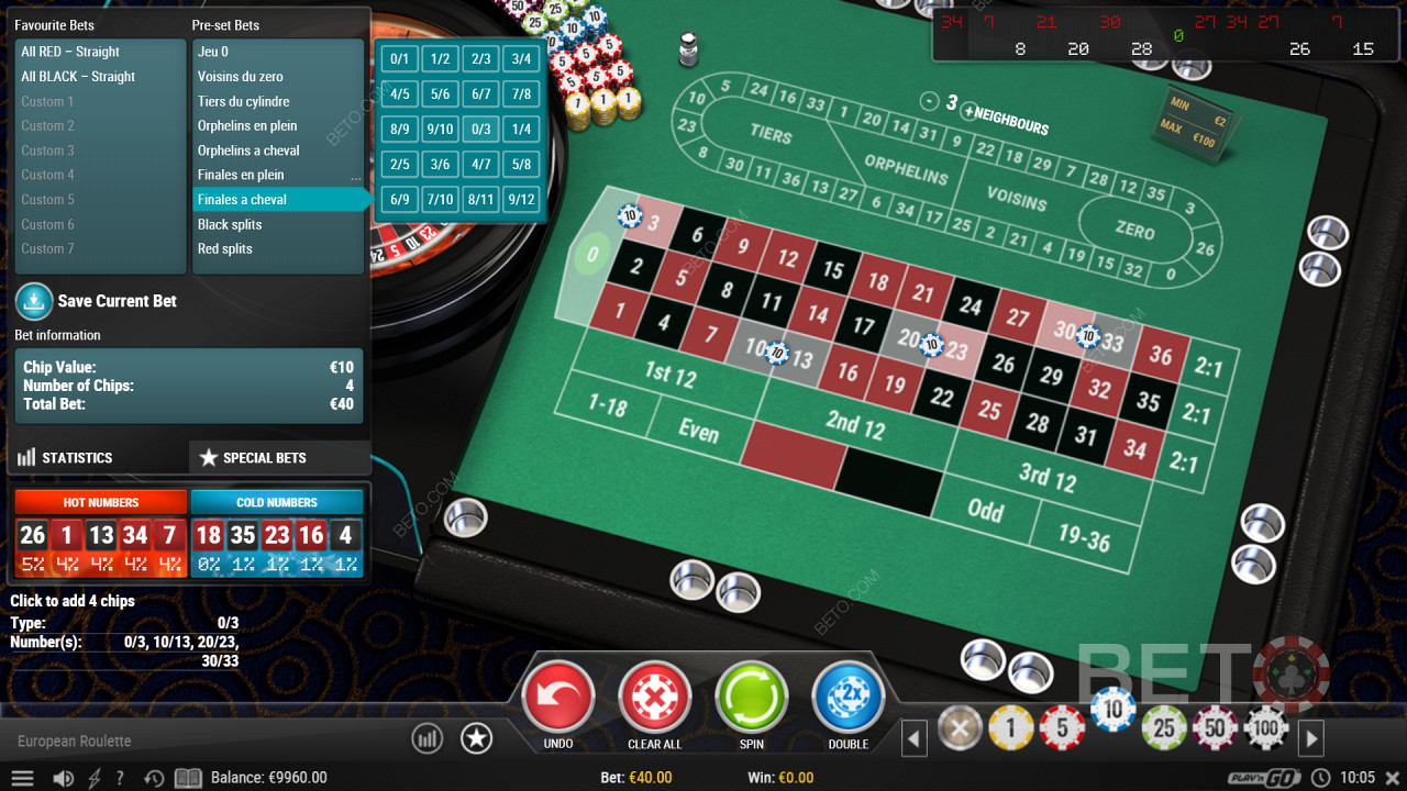 Špeciálne možnosti stávok v kasínovej hre European Roulette Pro