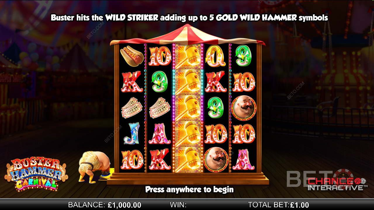 Užite si funkciu Wild Striker v online automate Buster Hammer Carnival