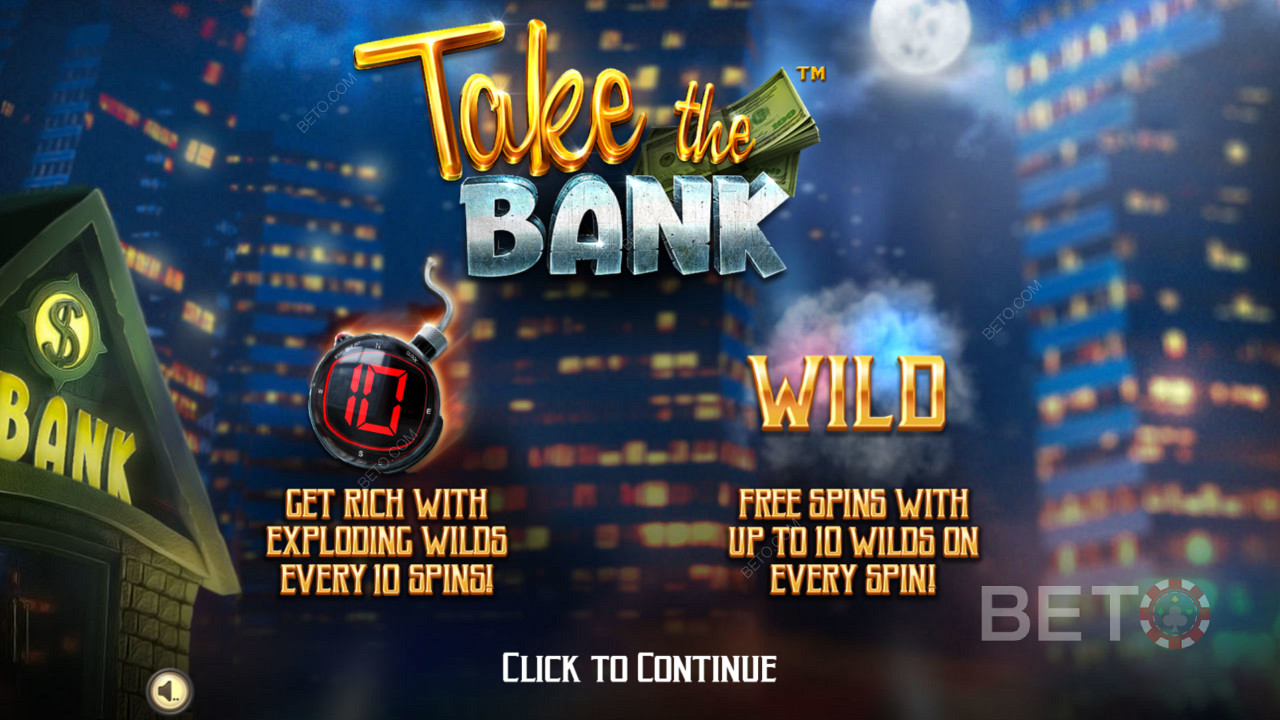 Úvodná obrazovka hry Take The Bank - Get Rich s vybuchujúcimi symbolmi Wilds