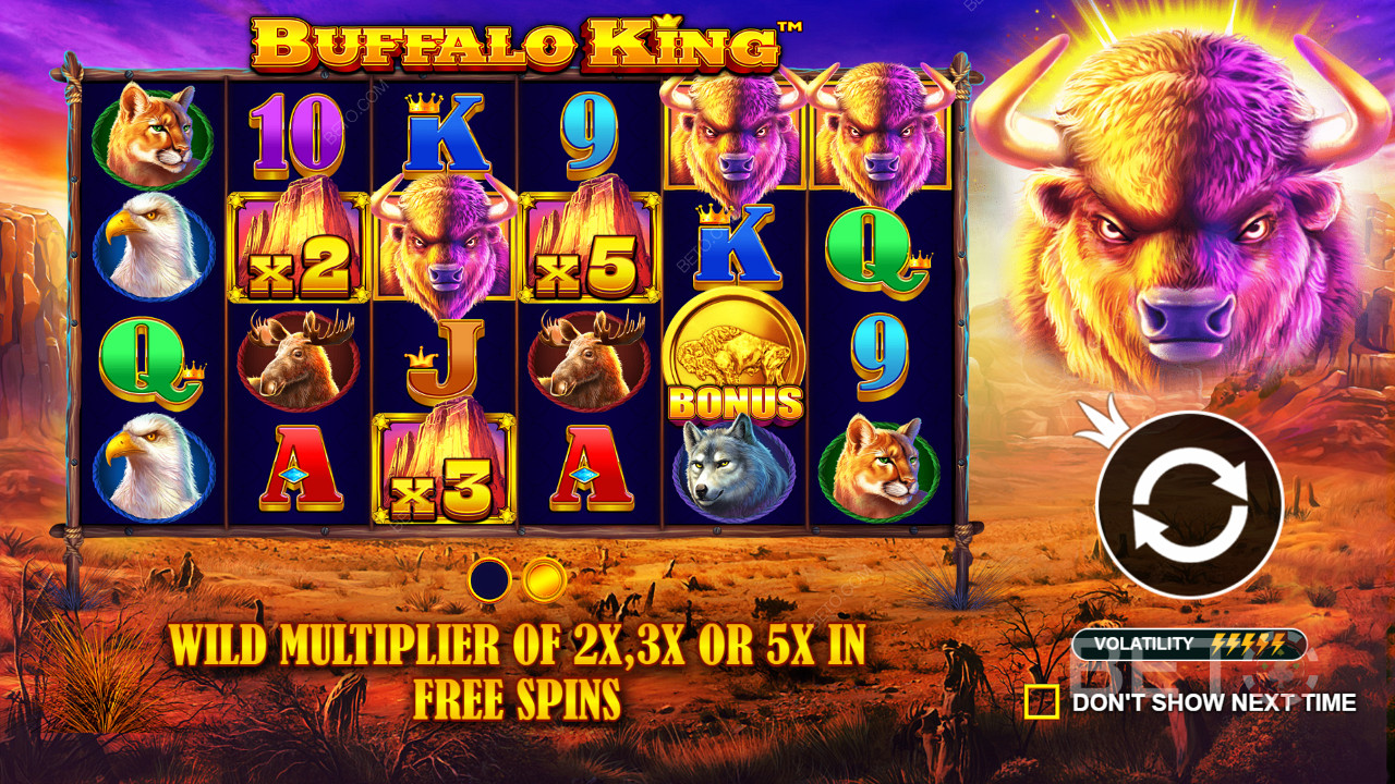 Všetky symboly Wild môžu mať v hre Buffalo King násobiaci efekt 2x, 3x alebo 5x.