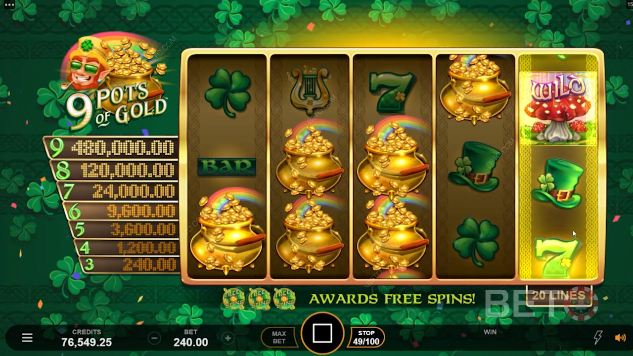 Odmeňovanie zlatých hrncov v hre 9 Pots of Gold