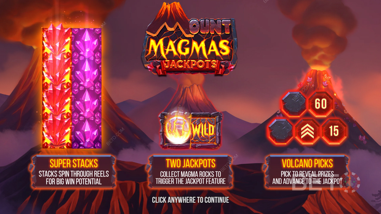 Užite si Super Stacks, 2 jackpoty a bonusovú funkciu Volcano v automate Mount Magmas