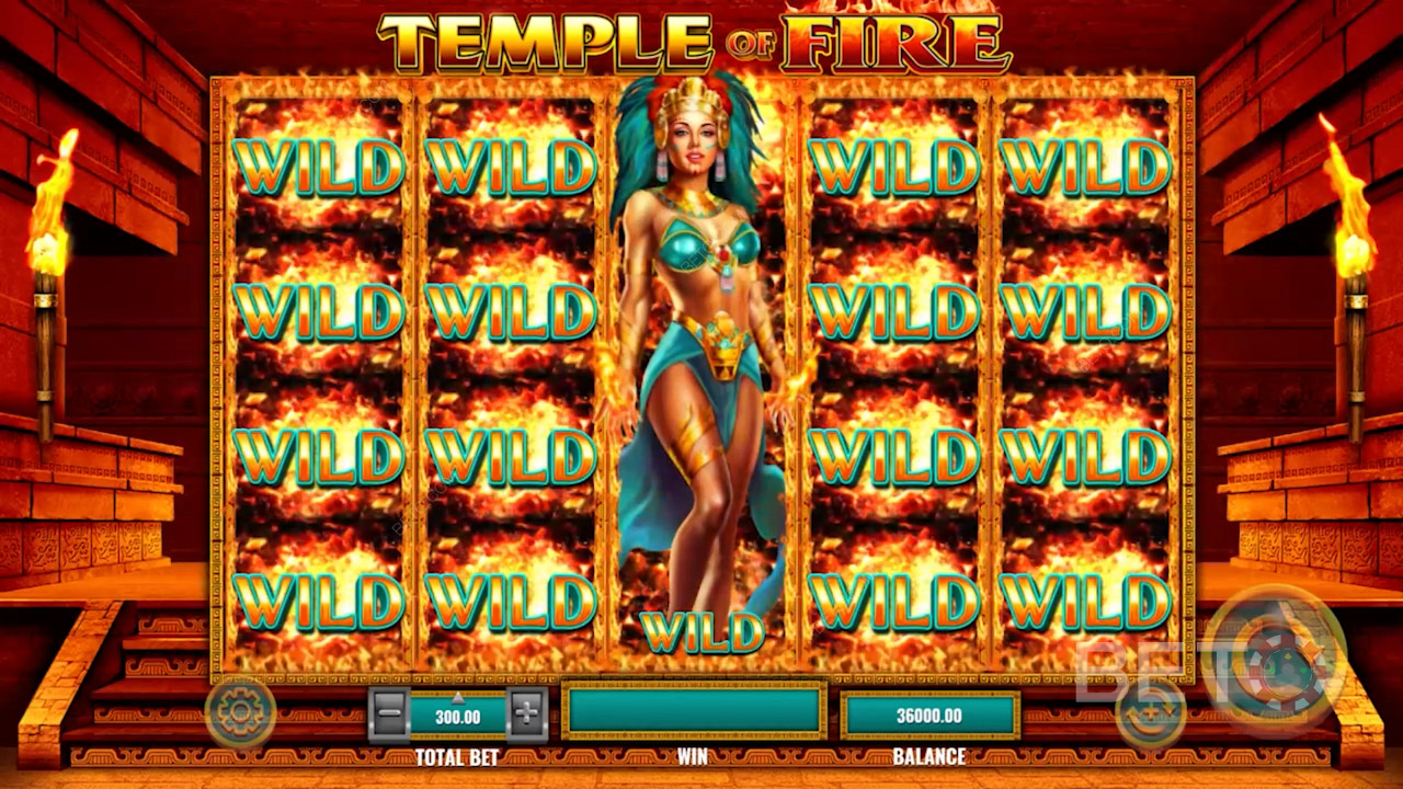 Búrka symbolov Wild spúšťa roztočenia zdarma s krásnou aztéckou bohyňou - Temple of Fire