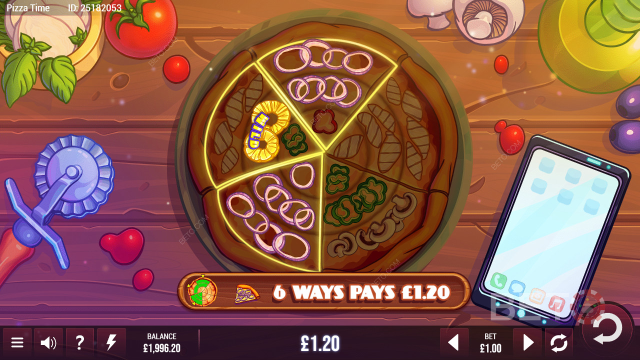 Rôzne výherné línie hry Pizza Time v kruhovom formáte