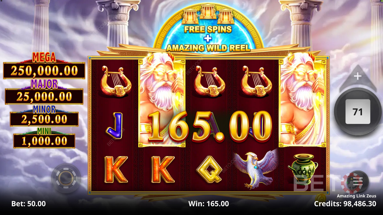 Hrajte a získajte šancu vyhrať jednu zo 4 pevných jackpotových cien v automate Amazing Link Zeus