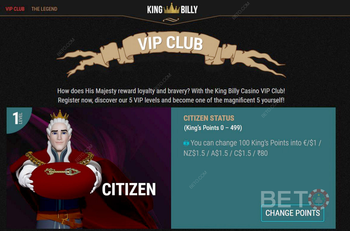 Začnite na úrovni občana VIP klubu King Billy