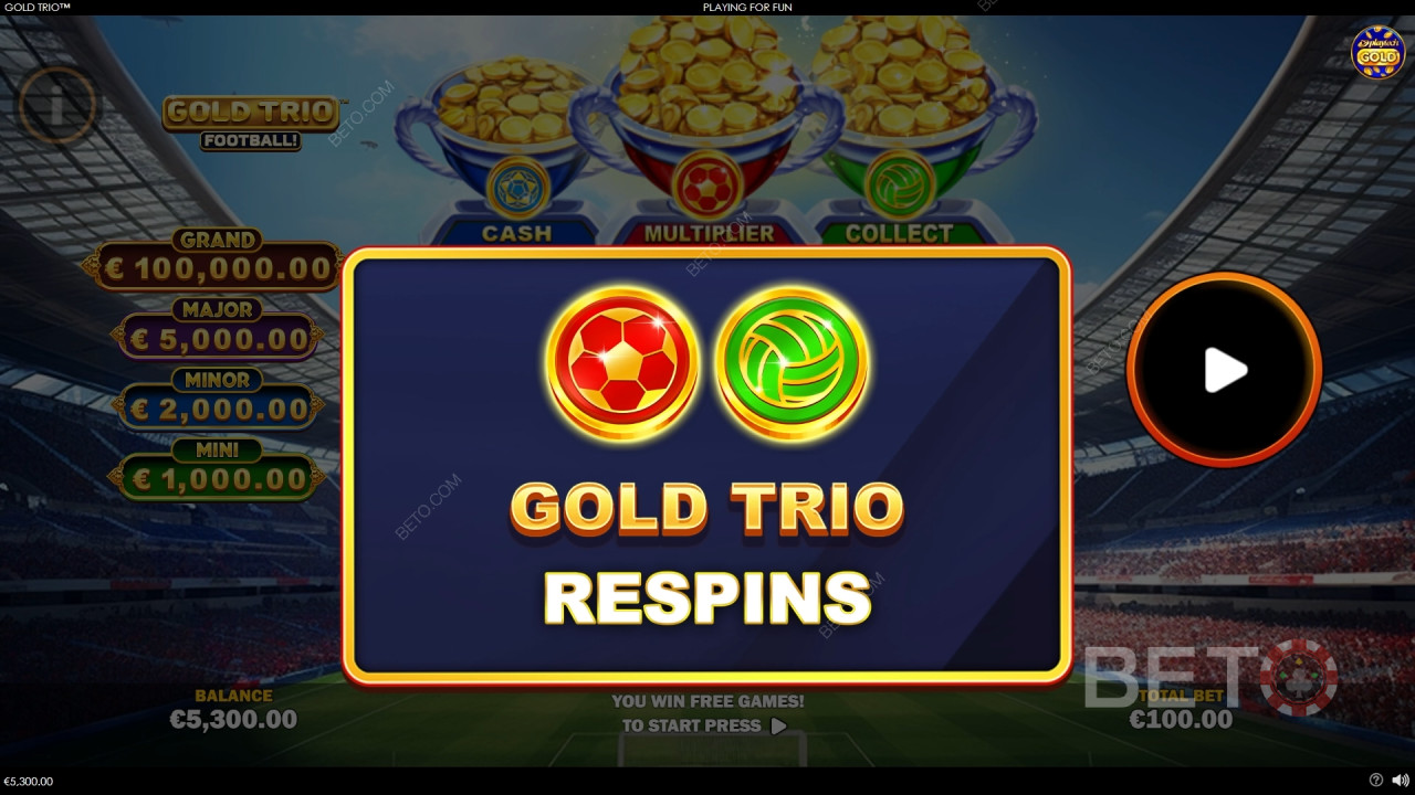 Vysvetlenie bonusových funkcií v hre Gold Trio: Futbal! Playtech