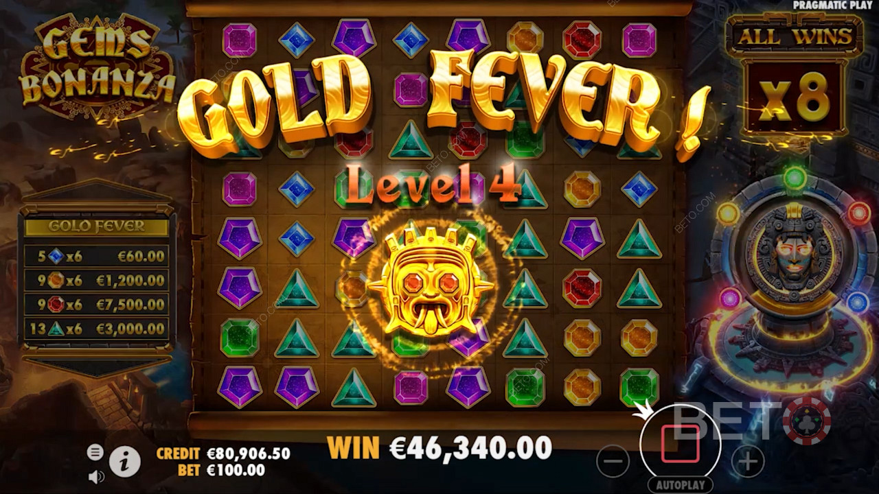 Nazbierajte aspoň 114 výherných symbolov a odomknite progresívne bonusy Gold Fever.