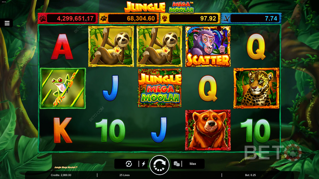 Užívajte si multiplikačné symboly Wild, roztočenia zdarma a štyri progresívne jackpoty v automate Jungle Mega Moolah