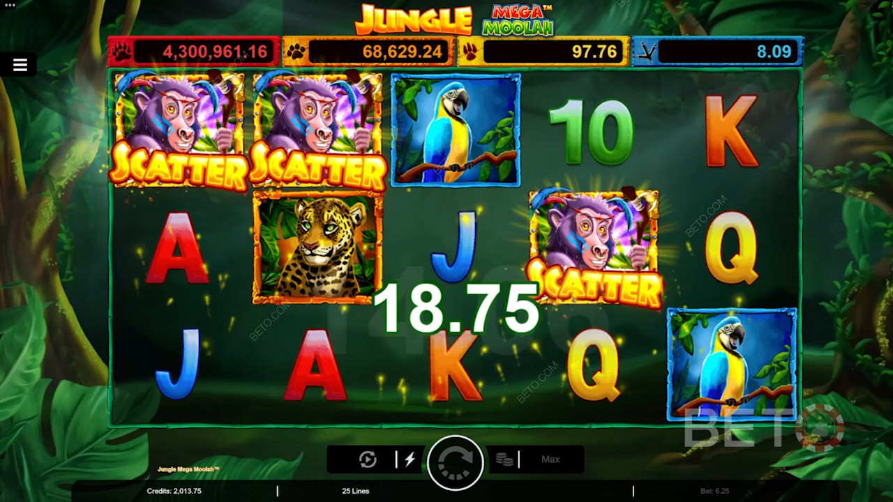 Ak v online výhernom automate Jungle Mega Moolah získate 3 symboly Scatter Monkey, spustia sa roztočenia zdarma.
