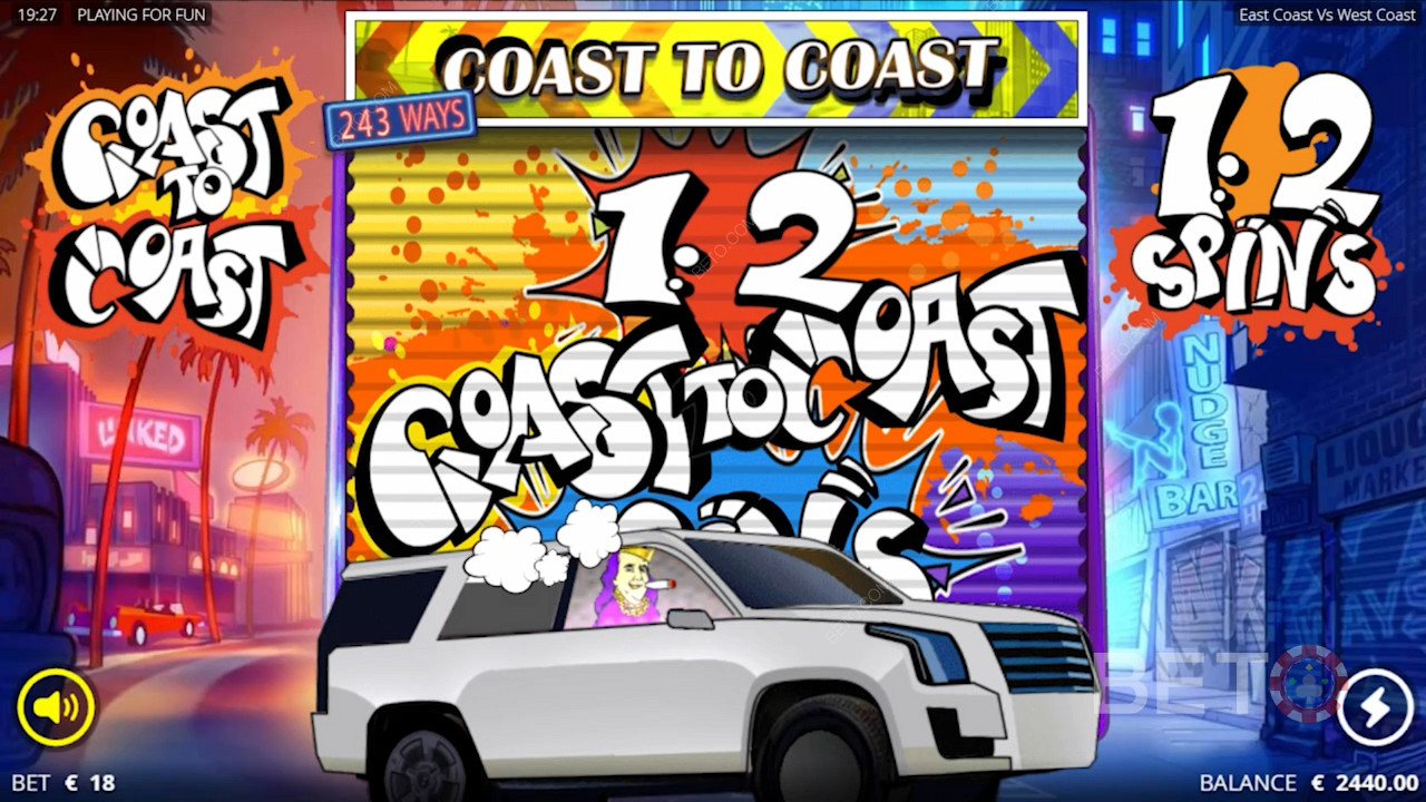 Užite si Coast to Coast Spins, keď na valcoch dostanete 5 bonusových symbolov.