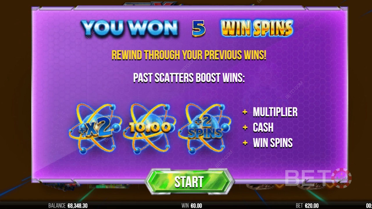 Úvodná obrazovka hry 10x Rewind zobrazuje informácie týkajúce sa bonusu Free Spins