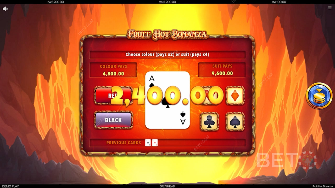 Hrajte na stránke Fruit Hot Bonanza a vyskúšajte funkciu gamble.