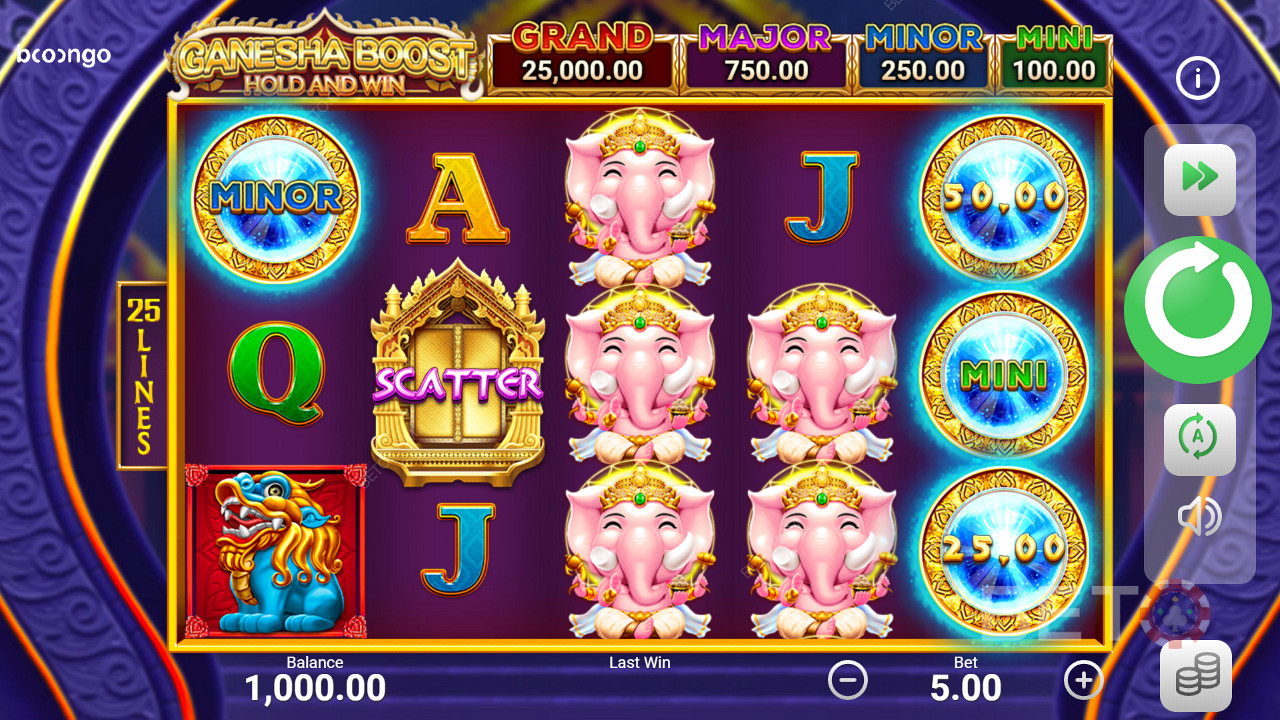 Vychutnajte si jackpoty, keď ich získate v bonusovej hre v automate Ganesha Boost Hold and Win