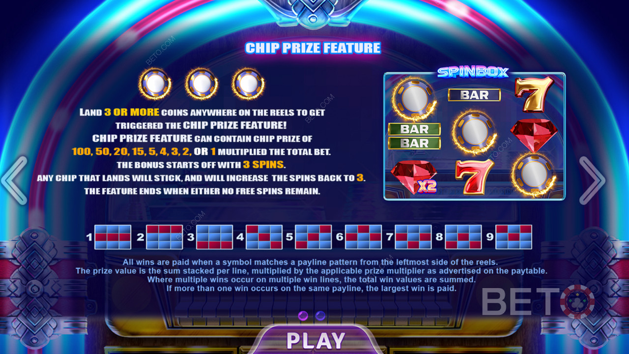 Úvodná obrazovka Spinboxu zobrazujúca informácie o rôznych výherných líniách