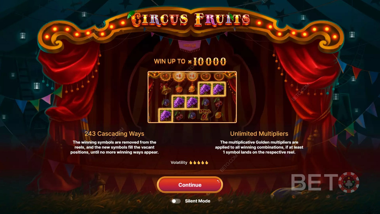 Úvodná obrazovka inšpirovaná témou Circus Fruits