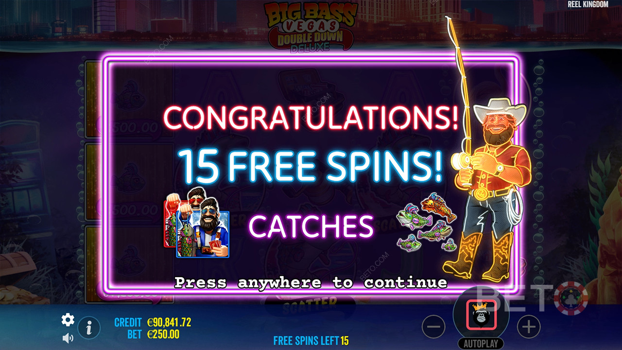 Vysvetlenie bonusových funkcií v hre Big Bass Vegas Double Down Deluxe od Reel Kingdom