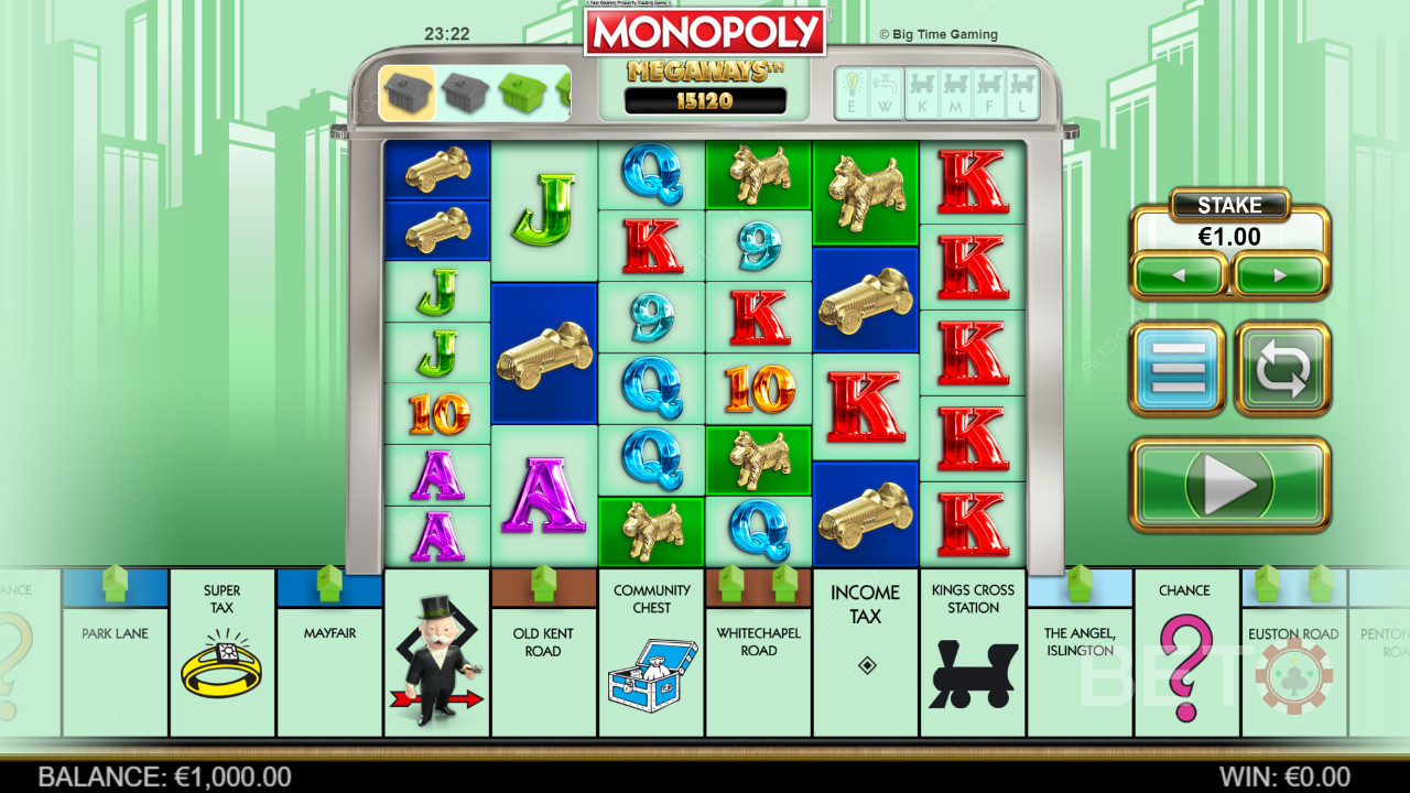Herná mriežka Megaways v hre Monopoly Megaways
