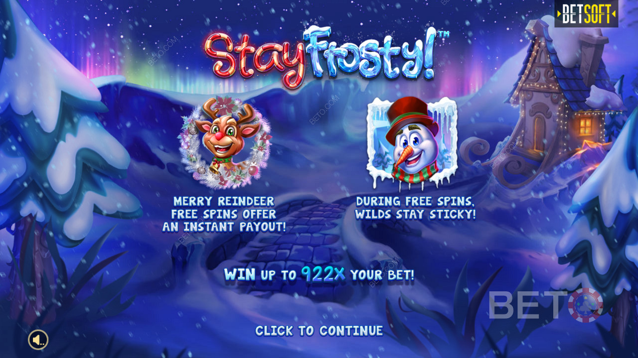 Úvodná obrazovka v hre Stay Frosty! Veselý sob zadarmo a maximálna výhra 922x vaša stávka!