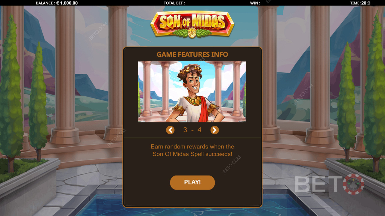 Úvodná obrazovka hry Son of Midas zobrazuje užitočné informácie