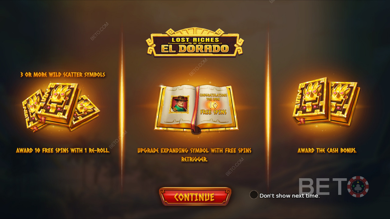 Úvodná obrazovka Lost Riches of El Dorado, ktorá poskytuje niekoľko informácií
