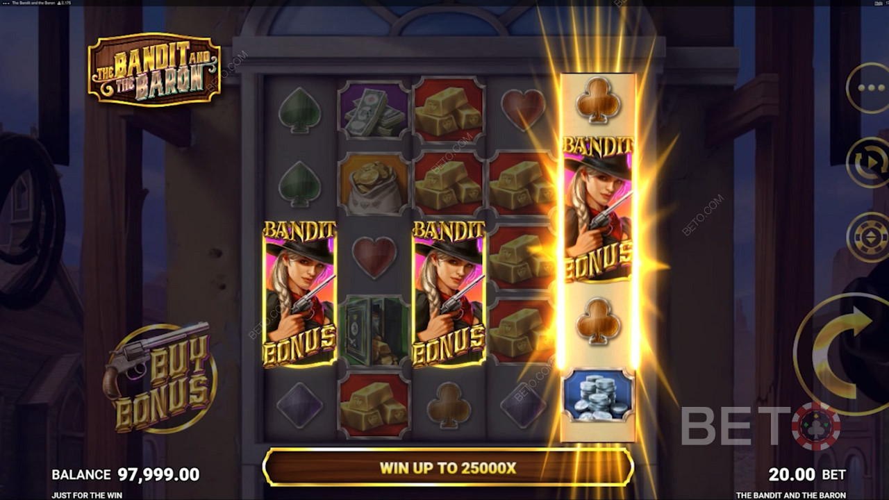 Ak padnú 3 symboly Scatter, odomkne sa bonusová hra Bandit a vyhráte množstvo cien.