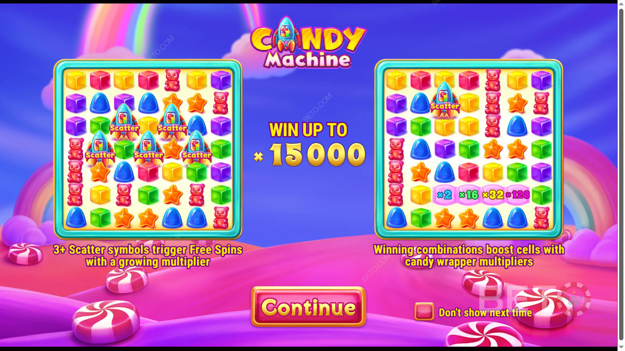 Vysvetlenie bonusových funkcií v hre Candy Machine od Barbary Bang