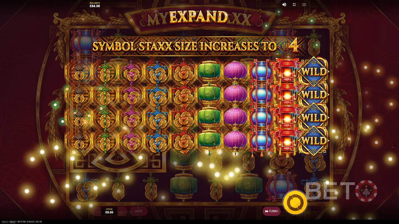 Jediné roztočenie s rozšírenými symbolmi vám môže priniesť veľké výhry v automate Mystic Staxx