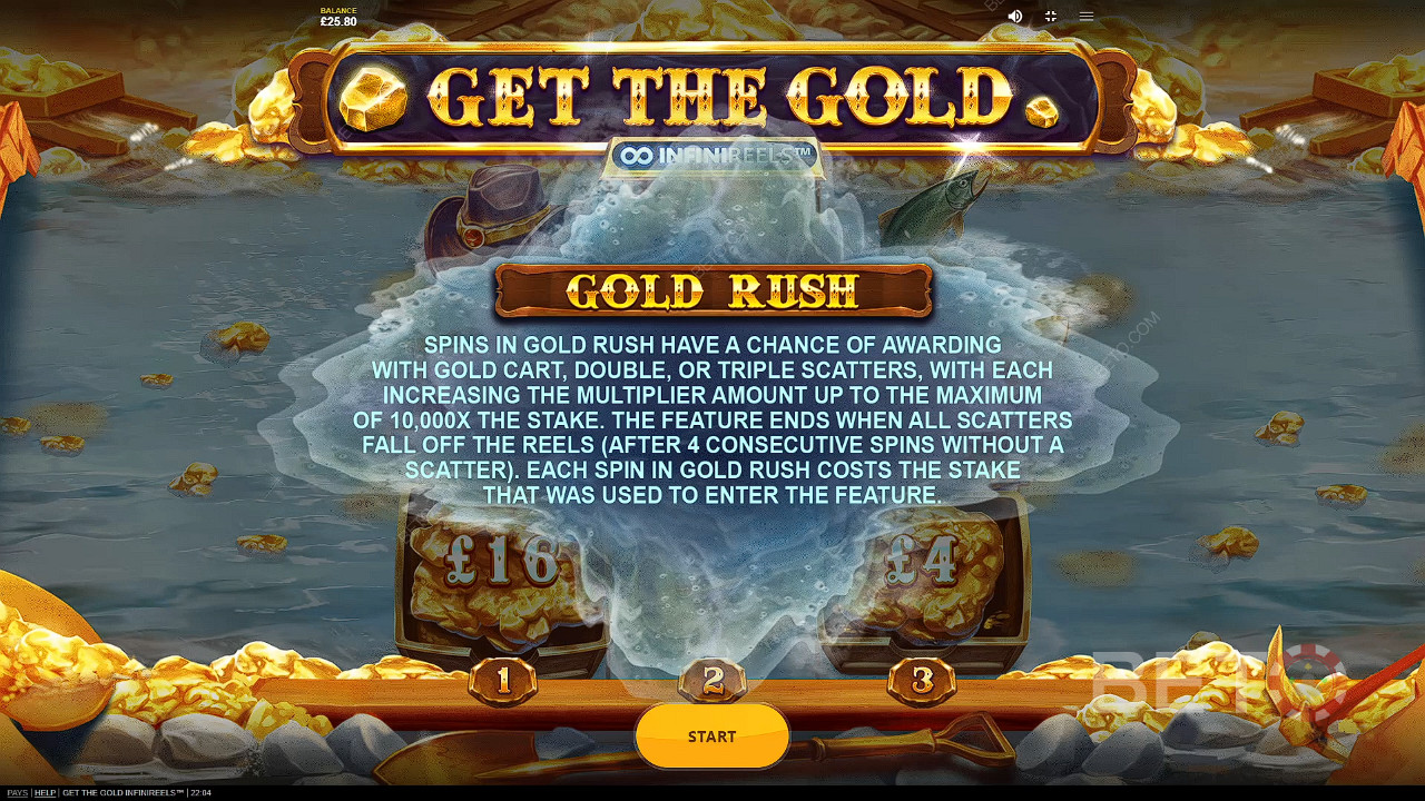 Ak padnú 3 alebo viac symbolov Scatter (zlatý vozík), začne sa hodina Golden Rush.