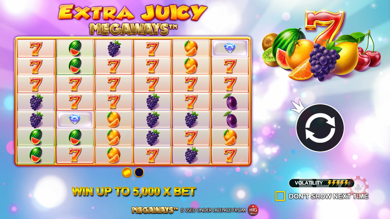 Hrajte Extra Juicy Megaways a vyhrajte maximálnu peňažnú výhru 5 000x