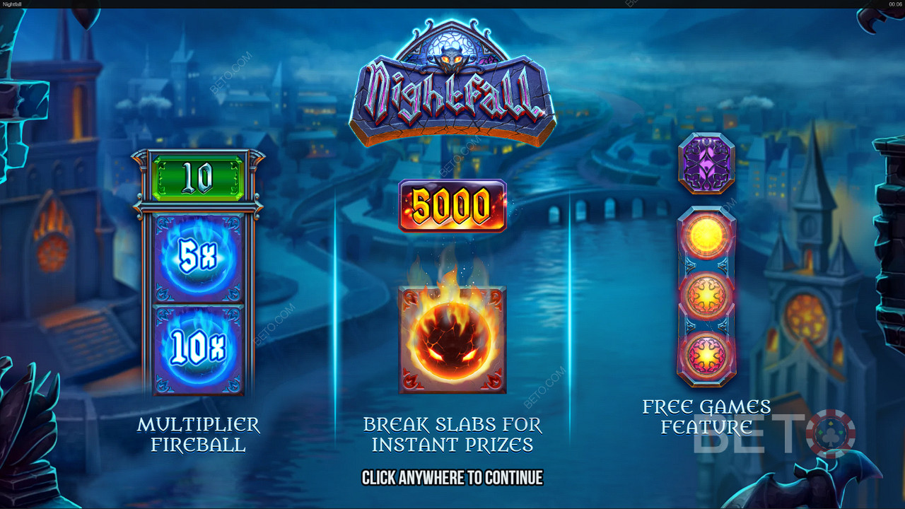 Užite si neuveriteľné funkcie, ako sú multiplikátor Fireballs a roztočenia zdarma v automate Nightfall